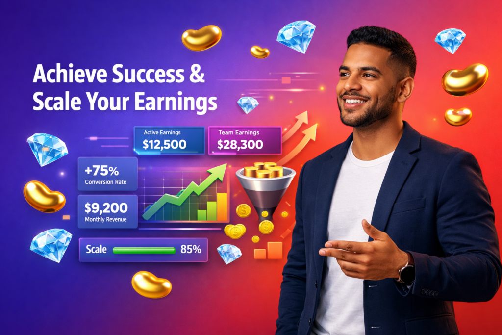Tech-styled income dashboard comparison with a confident entrepreneur showing active vs team earnings and scaling tips for chamet agency success.