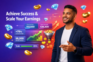 Tech-styled income dashboard comparison with a confident entrepreneur showing active vs team earnings and scaling tips for chamet agency success.