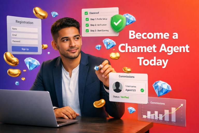 Focused young professional in a modern workspace viewing registration steps and commission dashboard UI with gold beans and sky-blue diamonds for chamet agency registration guidance on how to become a chamet agent.
