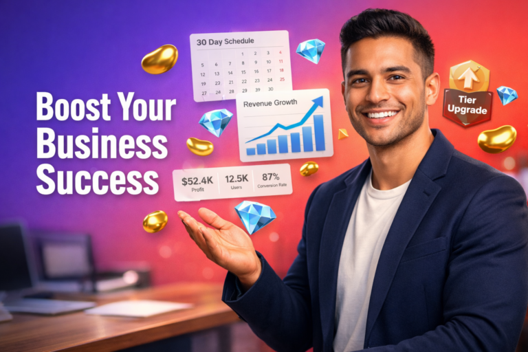 Confident entrepreneur presenting a 30-day revenue growth dashboard with beans, diamonds, and analytics UI elements for chamet agency earnings increase.