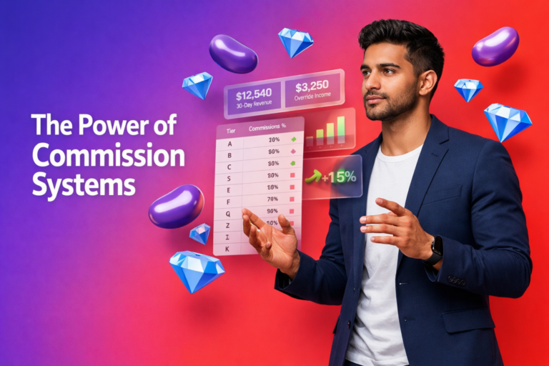 Featured image explaining chamet agency commission explained with a professional entrepreneur analyzing A–K tiers, 30-day rolling revenue, and override income.