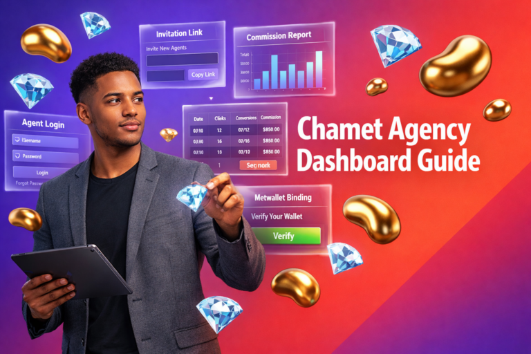Featured image of a focused entrepreneur reviewing a dashboard interface with login, invitation link, commission reports, and wallet binding UI elements for a chamet agency dashboard guide.
