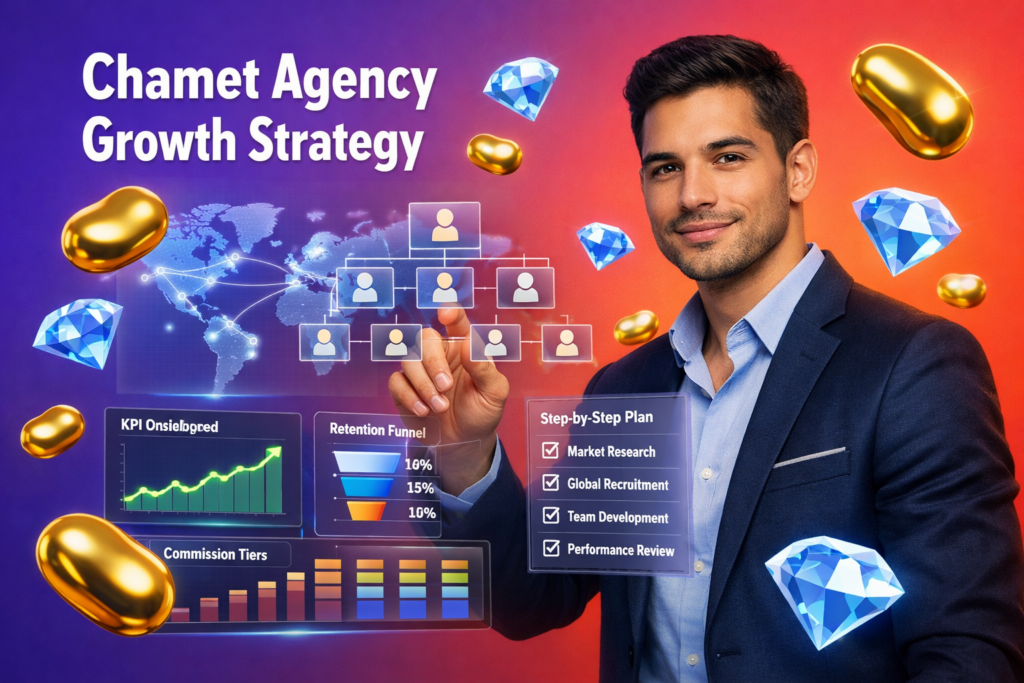 Professional featured image showing a young entrepreneur analyzing a multi-level team dashboard with international recruitment UI elements, golden bean and sky-blue diamond icons, illustrating a chamet agency growth strategy for long-term commissions (chamet agency).