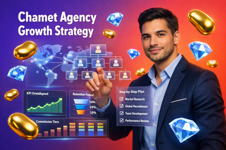 Professional featured image showing a young entrepreneur analyzing a multi-level team dashboard with international recruitment UI elements, golden bean and sky-blue diamond icons, illustrating a chamet agency growth strategy for long-term commissions (chamet agency).