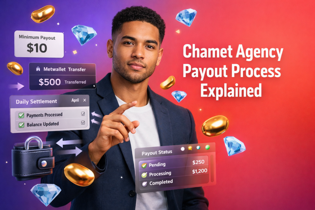 Featured guide explaining the chamet agency payout process with $10 minimum commission payout, Metwallet transfer, and daily settlement steps for creators.