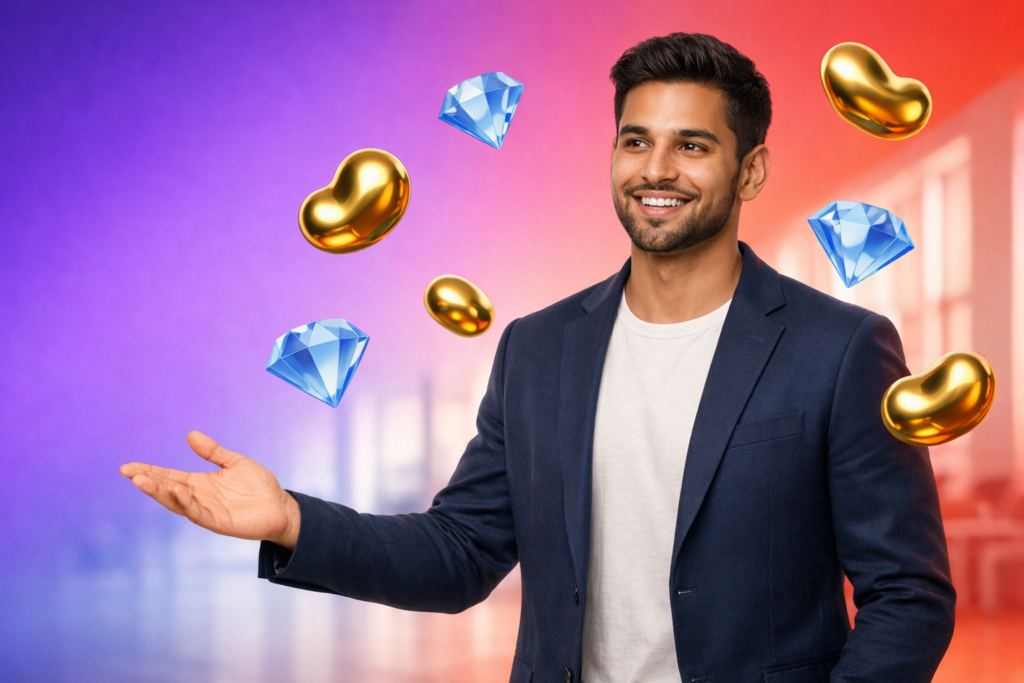 Featured image for chamet agency registration guide showing a young professional entrepreneur in a modern high-tech lobby with floating golden Bean icons and sky-blue Diamond icons on a purple-to-red gradient background.
