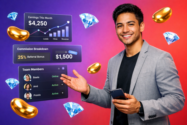 Featured image showing a young entrepreneur explaining what a chamet agency is, with modern app-style dashboards, golden bean icons, and sky-blue diamond icons on a vibrant purple-to-red gradient background.