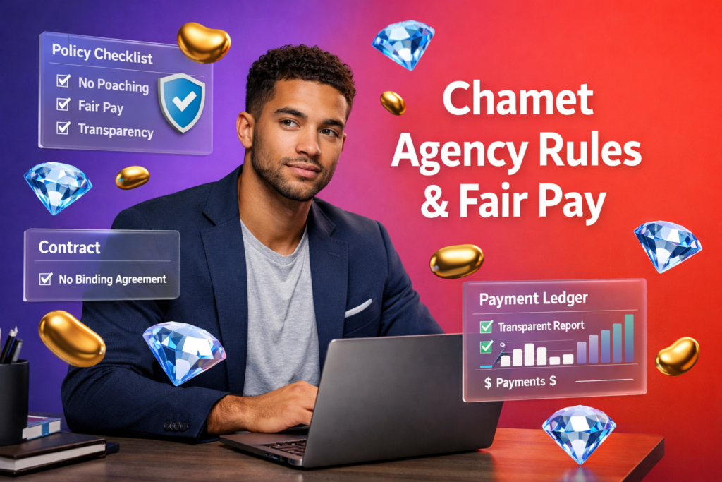 Focused entrepreneur reviewing chamet agency rules and policies with compliance checklist UI, payment transparency dashboard, and floating gold beans and sky-blue diamonds on a purple-to-red gradient background.