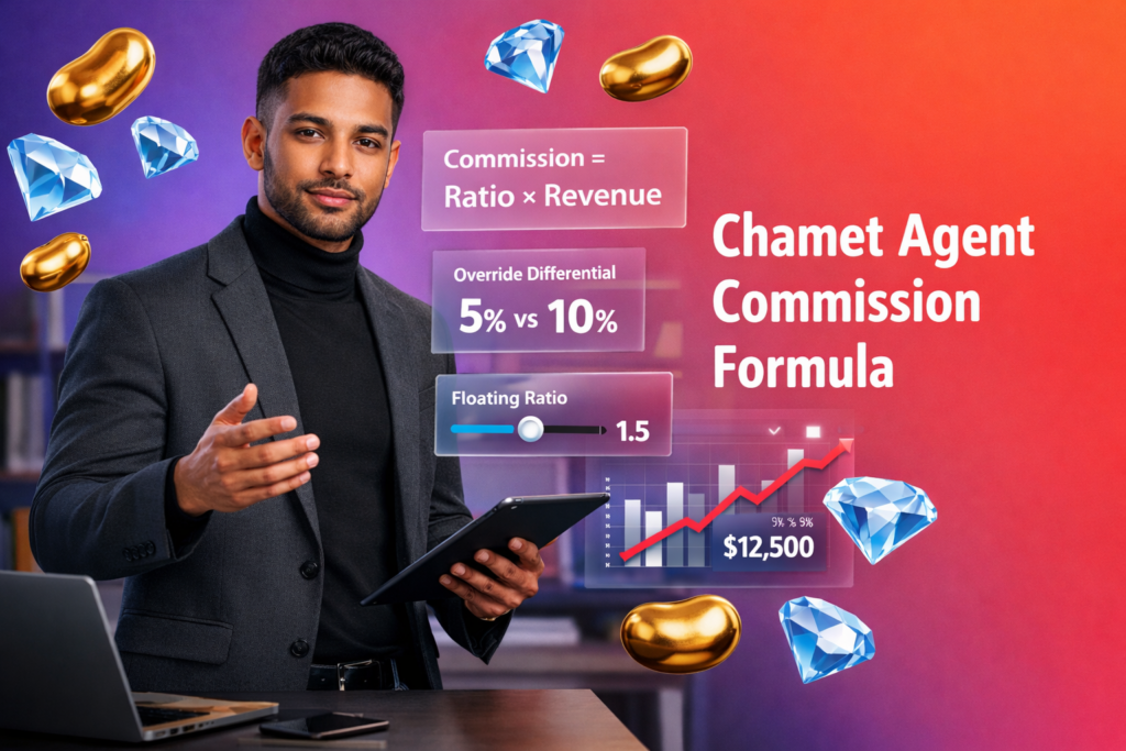 Tech-style featured image of a focused entrepreneur reviewing charts and formula panels for the chamet agent commission calculation formula, with gold bean and sky-blue diamond icons in a modern chamet agency workspace.