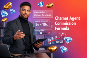 Tech-style featured image of a focused entrepreneur reviewing charts and formula panels for the chamet agent commission calculation formula, with gold bean and sky-blue diamond icons in a modern chamet agency workspace.
