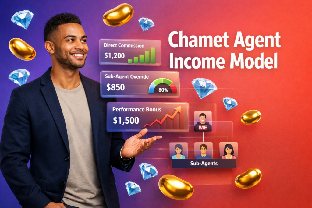 Featured image illustrating the chamet agent income model with a confident entrepreneur in a modern workspace, floating dashboards for direct commission, sub-agent override, and performance bonuses, plus gold bean and sky-blue diamond icons from the chamet agency ecosystem.