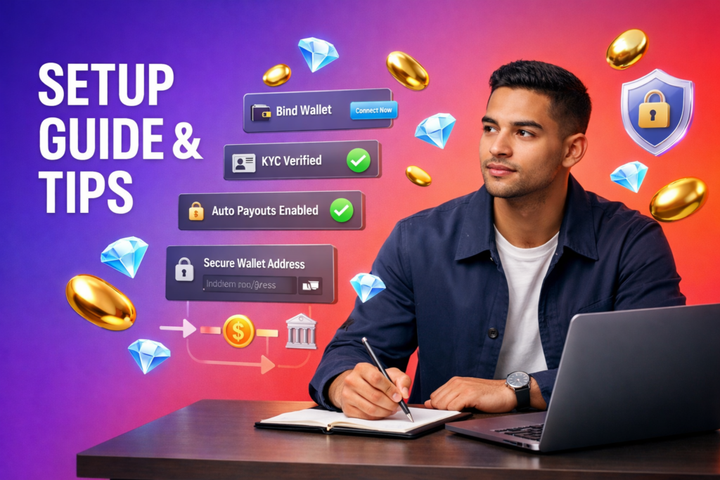 Featured image for a chamet agent metwallet setup guide showing a focused entrepreneur in a modern workspace with floating wallet binding, KYC verification, and auto payout dashboard UI elements plus Chamet-style bean and diamond icons; chamet agency.