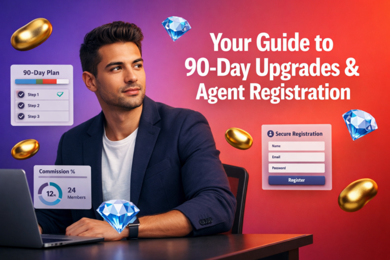 Focused entrepreneur reviewing a 90-day upgrade checklist and commission dashboard with floating gold beans and sky-blue diamonds while learning how a hostess can register a chamet agency and become an agent.