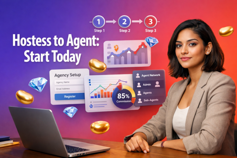 Professional guide visual showing a focused entrepreneur transitioning from hostess to agent with dashboards, registration steps, and commission UI elements for chamet agency growth.
