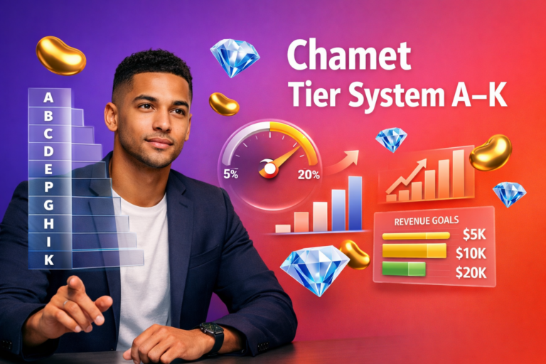 Focused entrepreneur reviewing the chamet agency tier system with A–K levels, 5%–30% commission UI charts, and floating golden bean and sky-blue diamond icons on a vibrant gradient background.