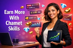 Confident young entrepreneur in a modern workspace with streaming and pricing UI panels, golden bean and sky-blue diamond icons, illustrating chamet agency skills learned as hostess to increase earnings and engagement.