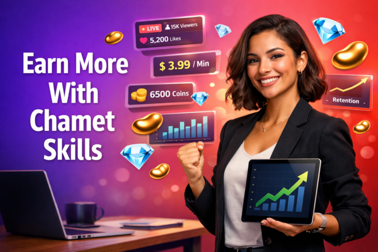 Confident young entrepreneur in a modern workspace with streaming and pricing UI panels, golden bean and sky-blue diamond icons, illustrating chamet agency skills learned as hostess to increase earnings and engagement.