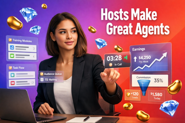 Featured image showing a focused young entrepreneur interacting with analytics and call-mechanics UI elements, with gold beans and sky-blue diamonds, explaining why experienced Chamet hostesses make good agents for a chamet agency.