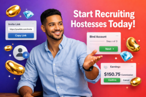 Professional entrepreneur demonstrating an invitation link and binding steps in a UI guide for how to invite hostesses to chamet agency, with golden bean and sky-blue diamond reward icons on a vibrant gradient background.