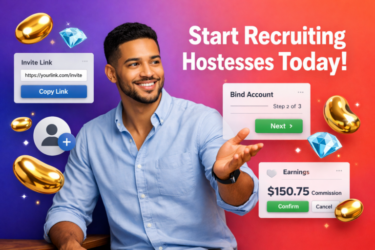 Professional entrepreneur demonstrating an invitation link and binding steps in a UI guide for how to invite hostesses to chamet agency, with golden bean and sky-blue diamond reward icons on a vibrant gradient background.