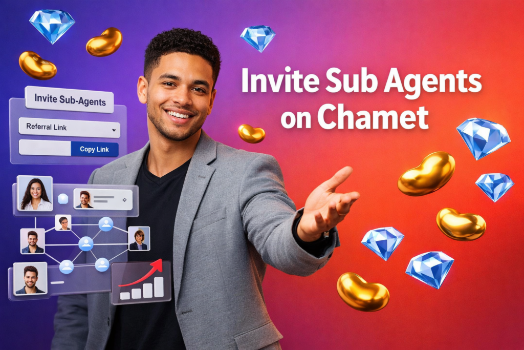 Young entrepreneur in a modern workspace using 3D UI panels to share a referral link and invite sub agents on Chamet for team expansion in a chamet agency.