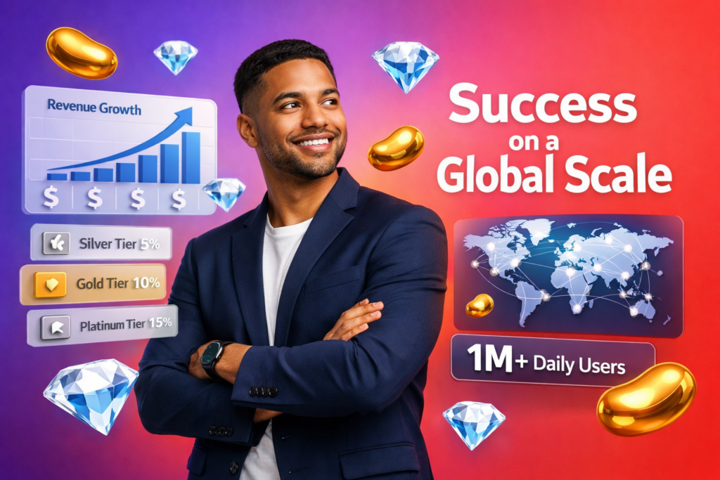 Official chamet agency overview showing a confident entrepreneur in a modern workspace with 3D dashboards, growth metrics, and floating Bean and Diamond rewards illustrating 1M daily users and higher earnings.