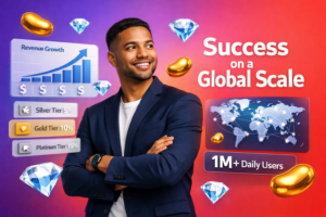 Official chamet agency overview showing a confident entrepreneur in a modern workspace with 3D dashboards, growth metrics, and floating Bean and Diamond rewards illustrating 1M daily users and higher earnings.