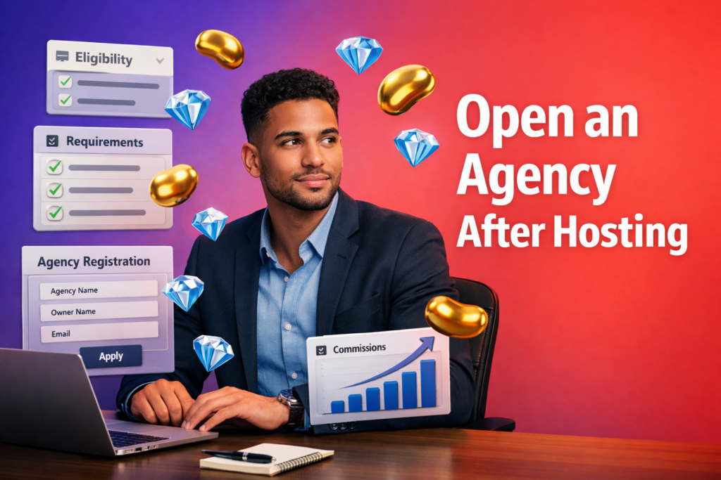 Focused entrepreneur reviewing eligibility, registration steps, and the 90-day reset rule to open a chamet agency after hosting and start earning commission.