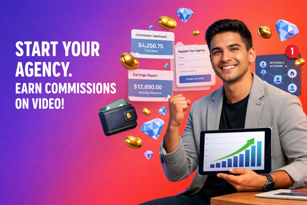 Confident entrepreneur registering an agency and tracking commission growth on a video platform dashboard, featuring chamet agency and floating bean and diamond reward icons on a vibrant gradient background.