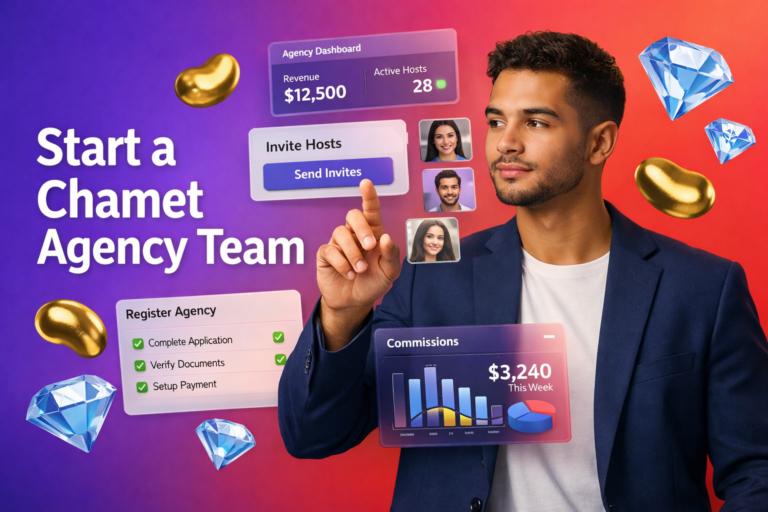 Focused entrepreneur in a modern workspace interacting with agency dashboard UI, inviting hosts, registering a chamet agency, and tracking commission analytics with floating golden bean and sky-blue diamond icons on a purple-to-red gradient background.
