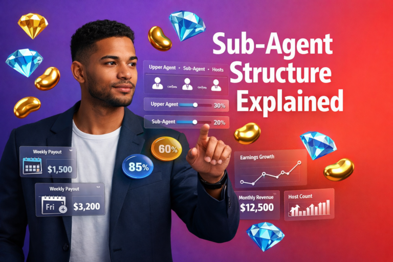 Featured image explaining chamet agency sub-agent structure with a professional entrepreneur, 3D commission hierarchy UI, and floating gold bean and sky-blue diamond icons on a purple-to-red gradient background.