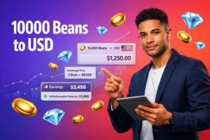 Focused entrepreneur analyzing 10000 beans to USD conversion with floating golden bean and sky-blue diamond icons, explaining earnings, rates, and withdrawal value for chamet agency.