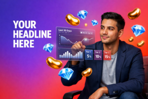 Professional entrepreneur analyzing Chamet rolling 30-day revenue dashboard with commission tiers, beans and diamonds UI elements for chamet agency.
