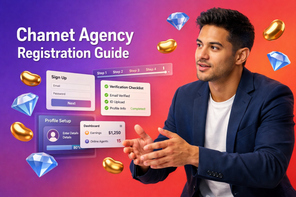 Featured image for a step-by-step guide on how to make agency in Chamet, showing a focused entrepreneur with registration UI elements plus beans and diamonds; chamet agency setup and verification concept.