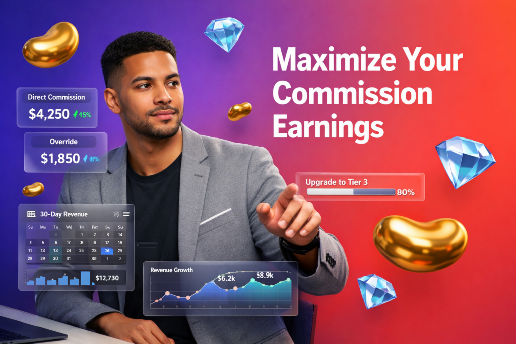 Professional entrepreneur reviewing analytics dashboards and 3D bean and diamond icons explaining the chamet commission model for hostesses, including direct commission vs override, 30-day revenue logic, and tier upgrades for a chamet agency.