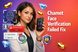 Tech guide image showing a professional entrepreneur troubleshooting a mobile face scan with UI alerts and verification steps to resolve chamet face verification failed during hostess registration for chamet agency.