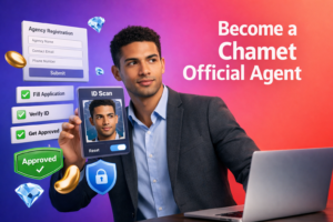 Tech guide showing steps for chamet hostess to become official agent, with registration portal and face verification reset visuals for chamet agency.
