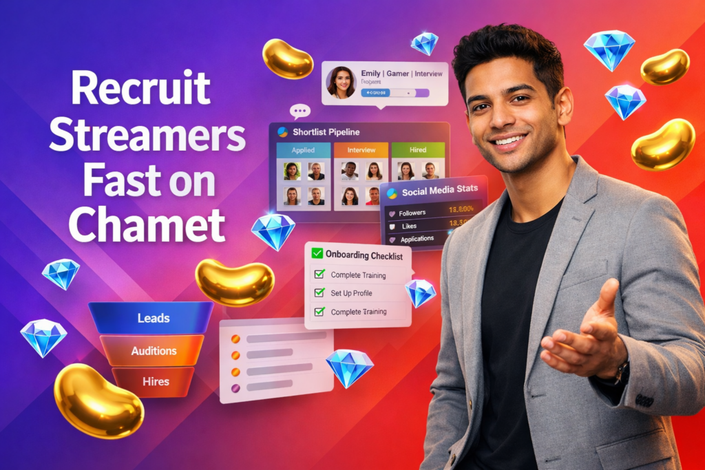 Featured image showing a welcoming entrepreneur using 3D recruitment dashboards and social media pipeline UI with gold bean and sky-blue diamond icons, illustrating a Chamet hostess recruitment strategy for a chamet agency.