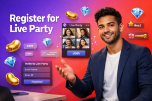 Professional featured image of an entrepreneur in a modern workspace with 3D UI elements for the Chamet Live Party feature, showing multi-guest live tiles and party room gifts with bean and diamond icons for chamet agency registration.