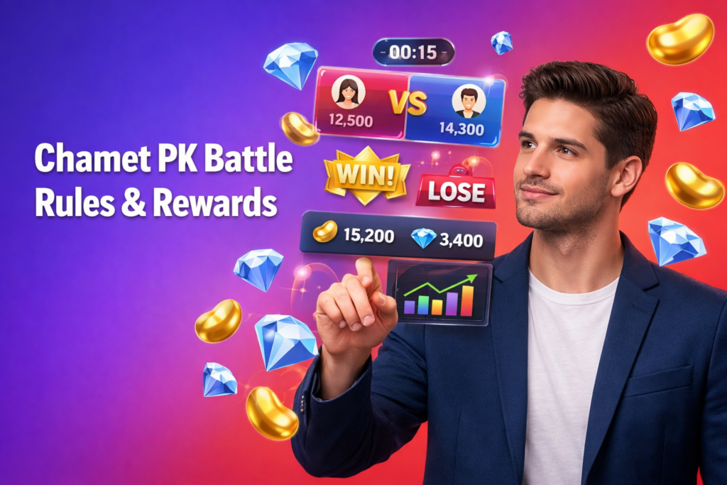 Featured image showing a focused entrepreneur analyzing Chamet PK battle rules with floating duel UI, golden beans, and sky-blue diamonds for chamet agency guidance on rewards and earnings.