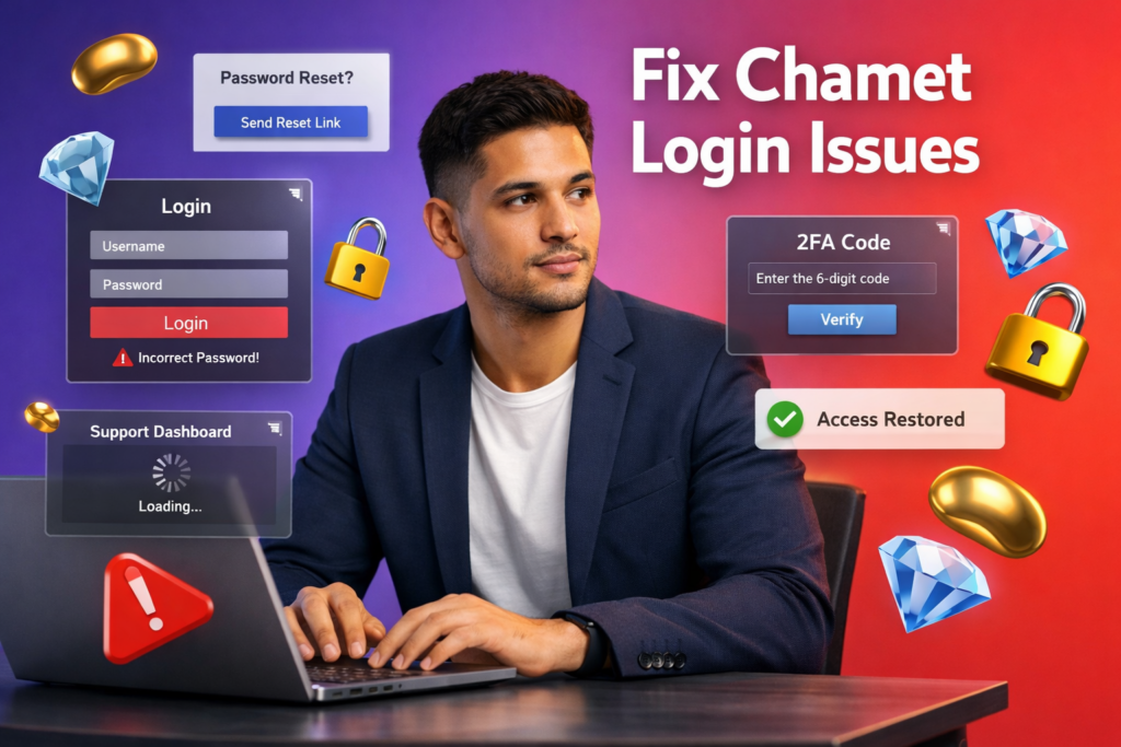 Featured image of a focused entrepreneur troubleshooting chamet login problems with floating 3D login, password reset, and agent dashboard UI elements, plus golden bean and sky-blue diamond icons, with mention of chamet agency for registration and access recovery.