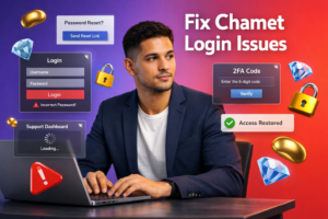 Featured image of a focused entrepreneur troubleshooting chamet login problems with floating 3D login, password reset, and agent dashboard UI elements, plus golden bean and sky-blue diamond icons, with mention of chamet agency for registration and access recovery.