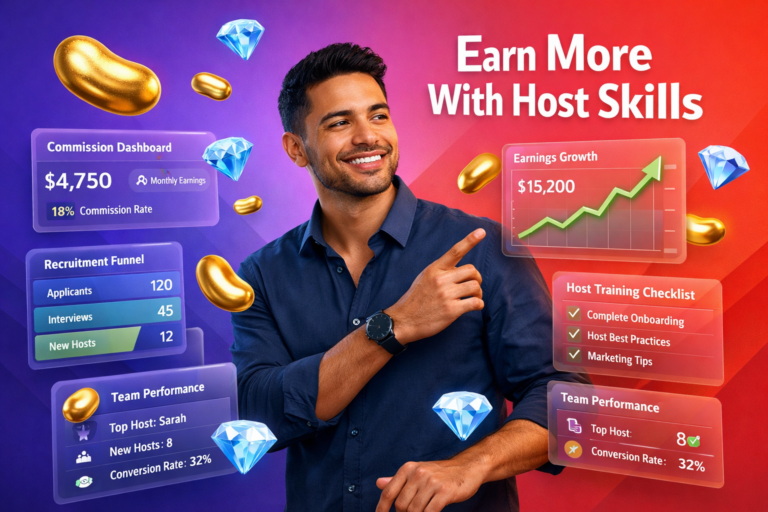 Confident entrepreneur using hostess experience to grow chamet agency with 3D dashboards, recruitment tools, training checklists, and floating golden beans and sky-blue diamonds on a vibrant gradient background.