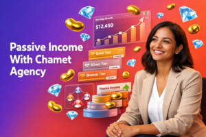 Featured image of a confident young entrepreneur in a modern workspace with growth dashboards and 3D bean and diamond icons, illustrating how hostesses can build passive income with chamet agency through team commissions.