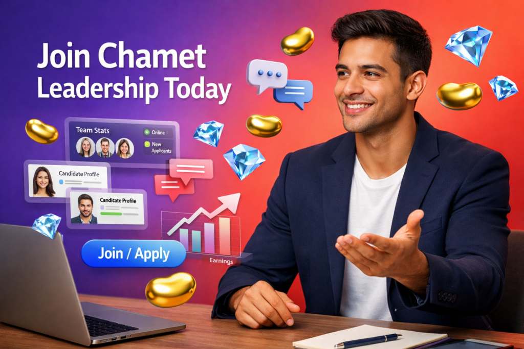 Welcoming young entrepreneur in a modern workspace with team-management UI, gold bean and sky-blue diamond icons on a purple-to-red gradient, promoting a chamet agency leadership opportunity for top hostesses.