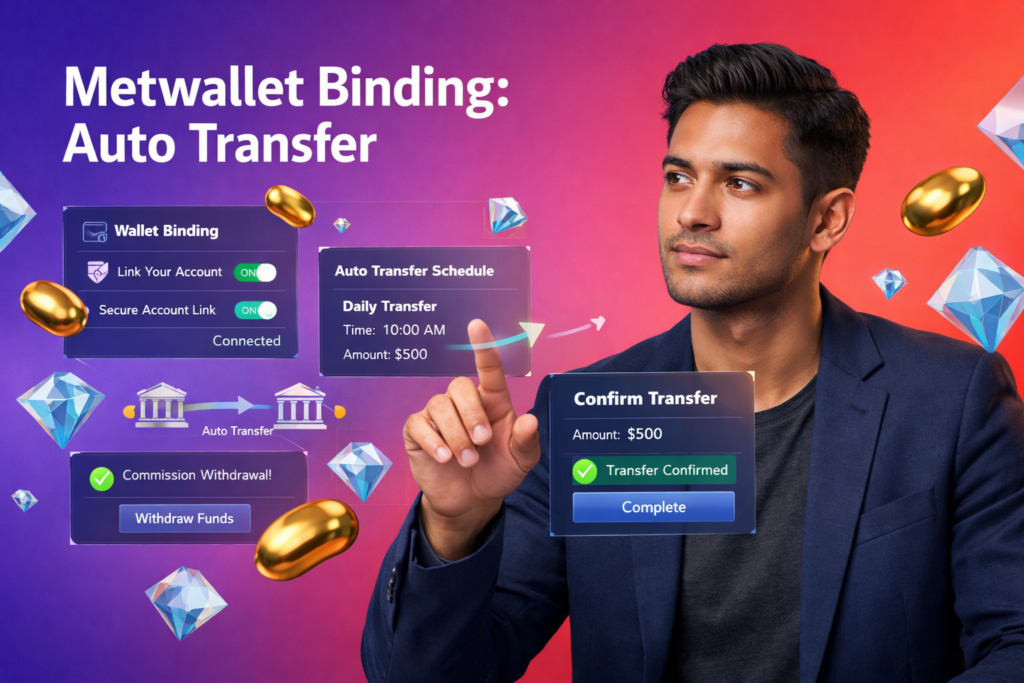 Metwallet binding for agents guide showing a focused entrepreneur linking a wallet and enabling automatic transfers and fast commission withdrawals for chamet agency.