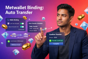 Metwallet binding for agents guide showing a focused entrepreneur linking a wallet and enabling automatic transfers and fast commission withdrawals for chamet agency.