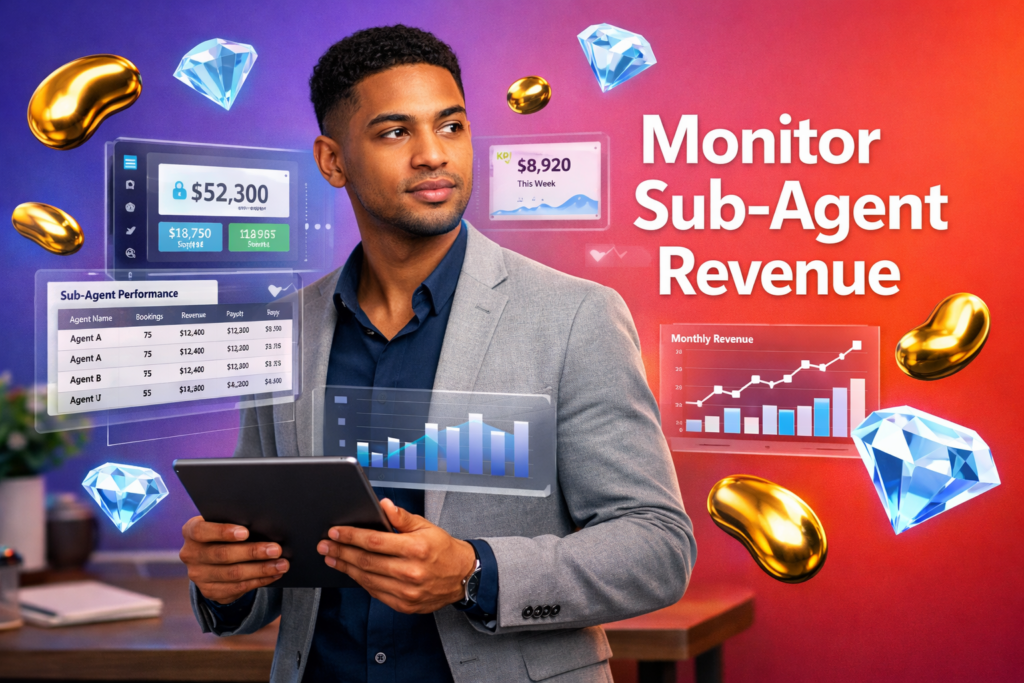 Tech dashboard scene showing a young entrepreneur using analytics tools to track host performance and sub-agent revenue in a chamet agency management system.