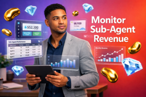 Tech dashboard scene showing a young entrepreneur using analytics tools to track host performance and sub-agent revenue in a chamet agency management system.
