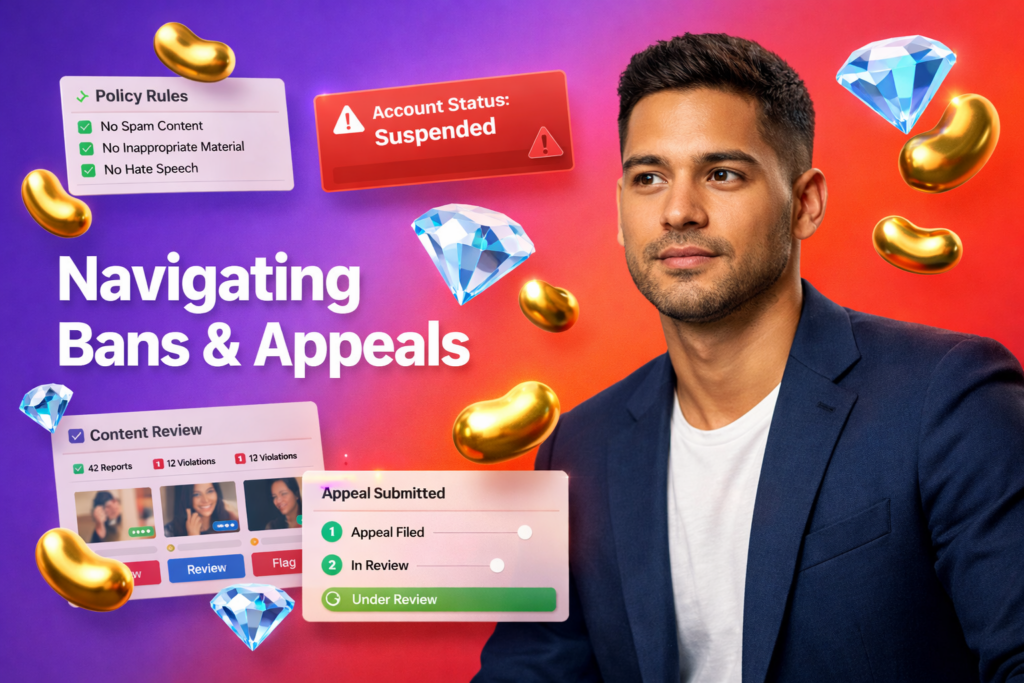 Tech-style featured image showing a focused entrepreneur reviewing Chamet banning rules with policy checklist and appeal dashboard UI elements, plus golden beans and sky-blue diamonds for the chamet agency ecosystem.